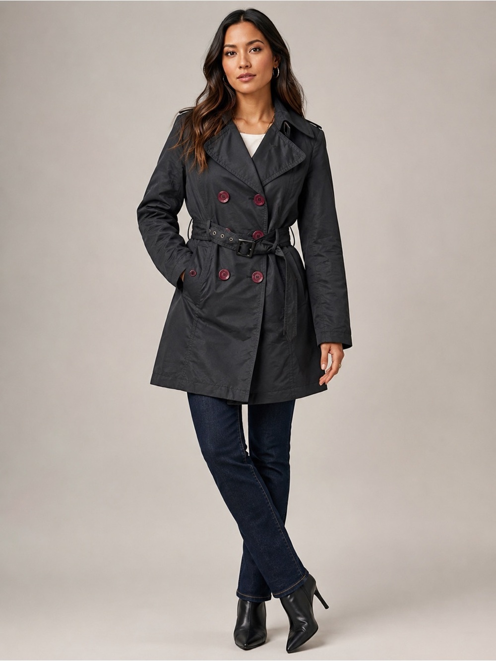 Style & Co Black Belted Trench Coat Pink Striped Lined Double Breasted S
